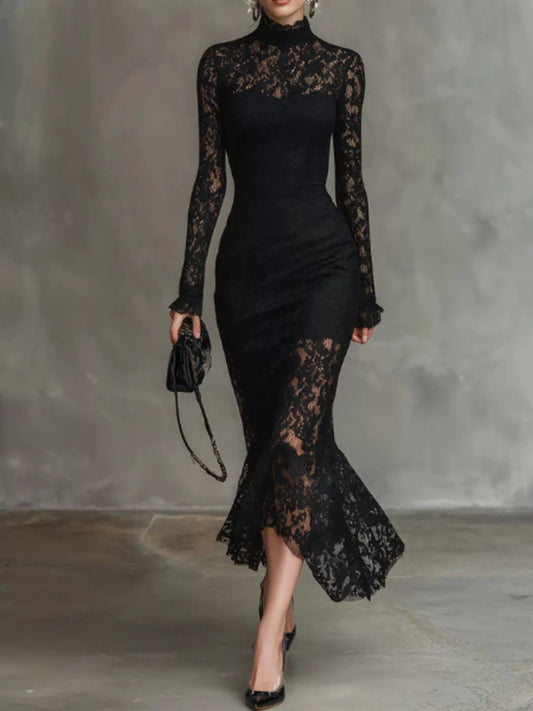 Lace Mock Neck Long Sleeve Mermaid Midi Dress in Black