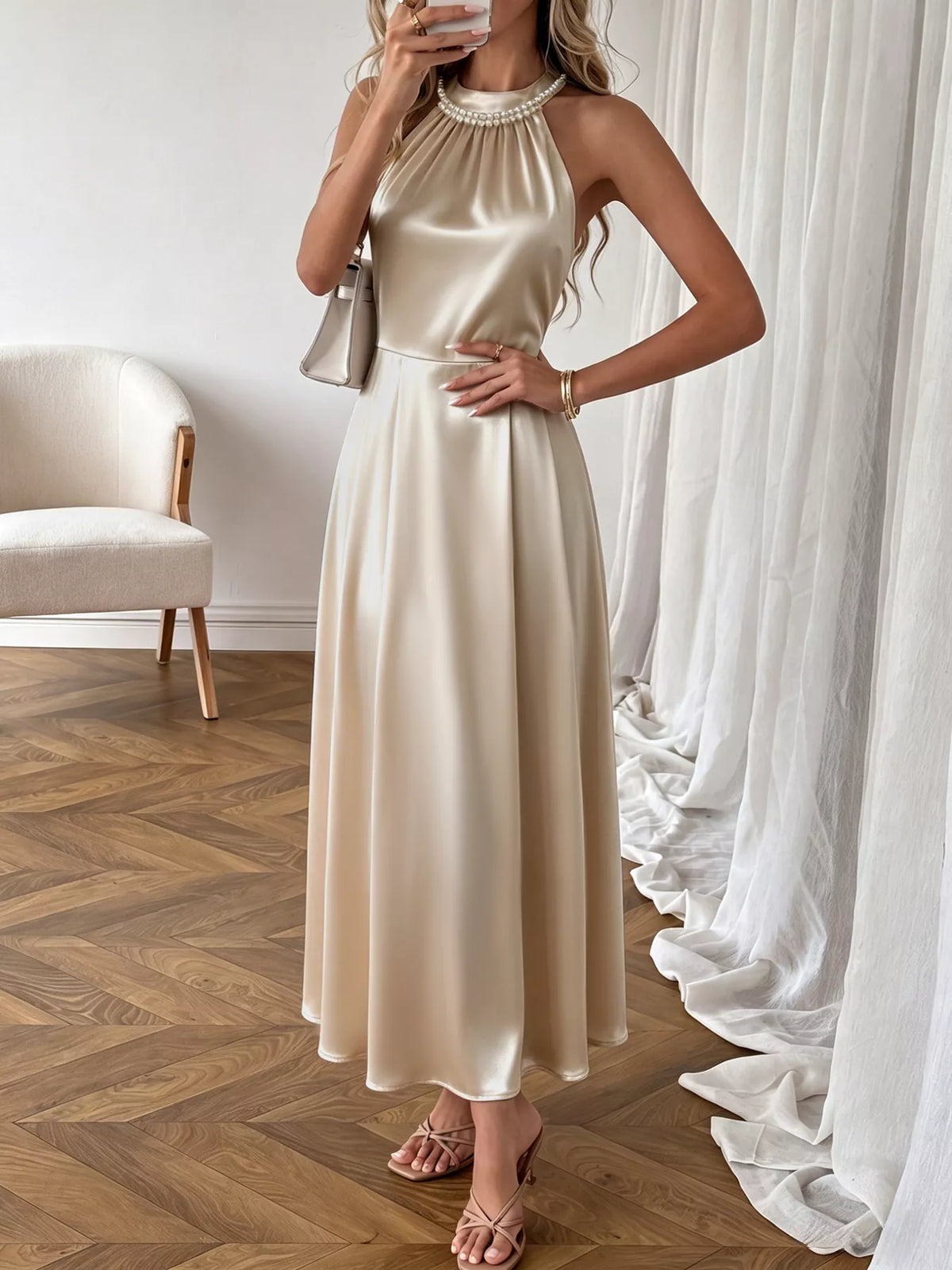 Pearl Halter Ruched Satin Midi Dress – photo 3