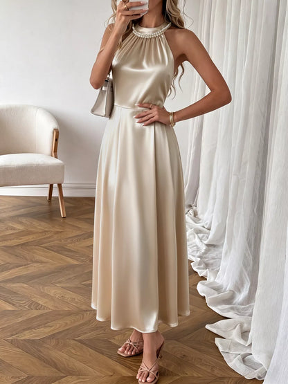Pearl Halter Ruched Satin Midi Dress – photo 3