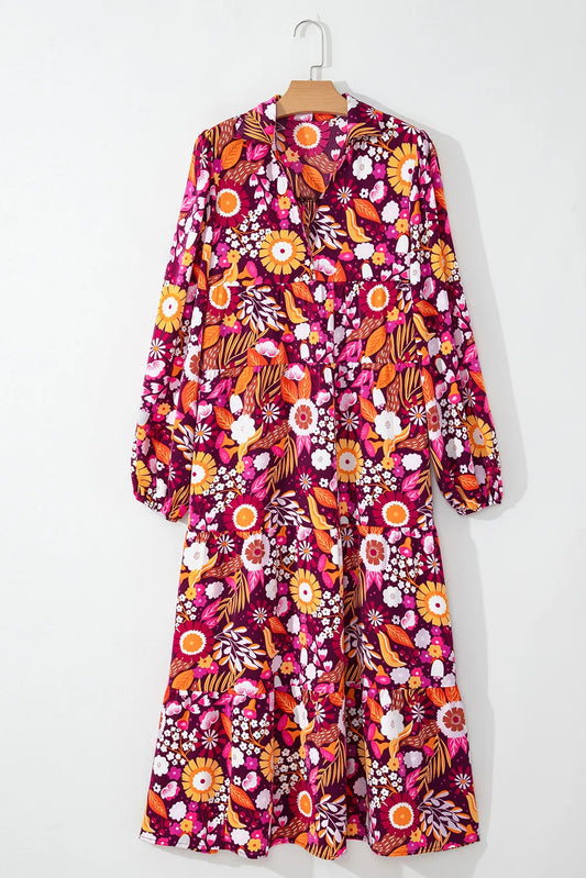 Printed Johnny Collar Long Sleeve Midi Dress with Pockets