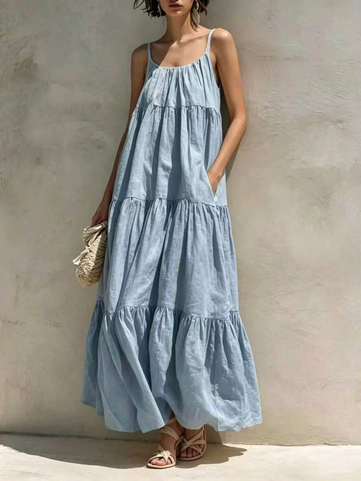 Tiered Scoop Neck Maxi Dress with Pockets in Light Blue