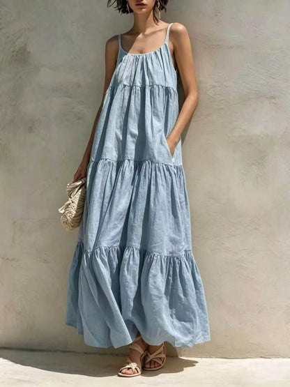 Tiered Scoop Neck Maxi Dress with Pockets in Light Blue