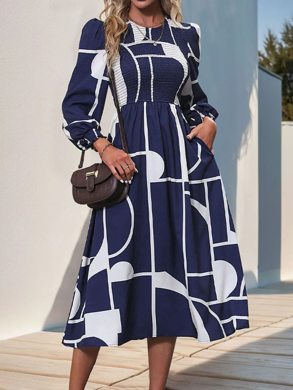 Smocked Color Block Long Sleeve Midi Dress – photo 5