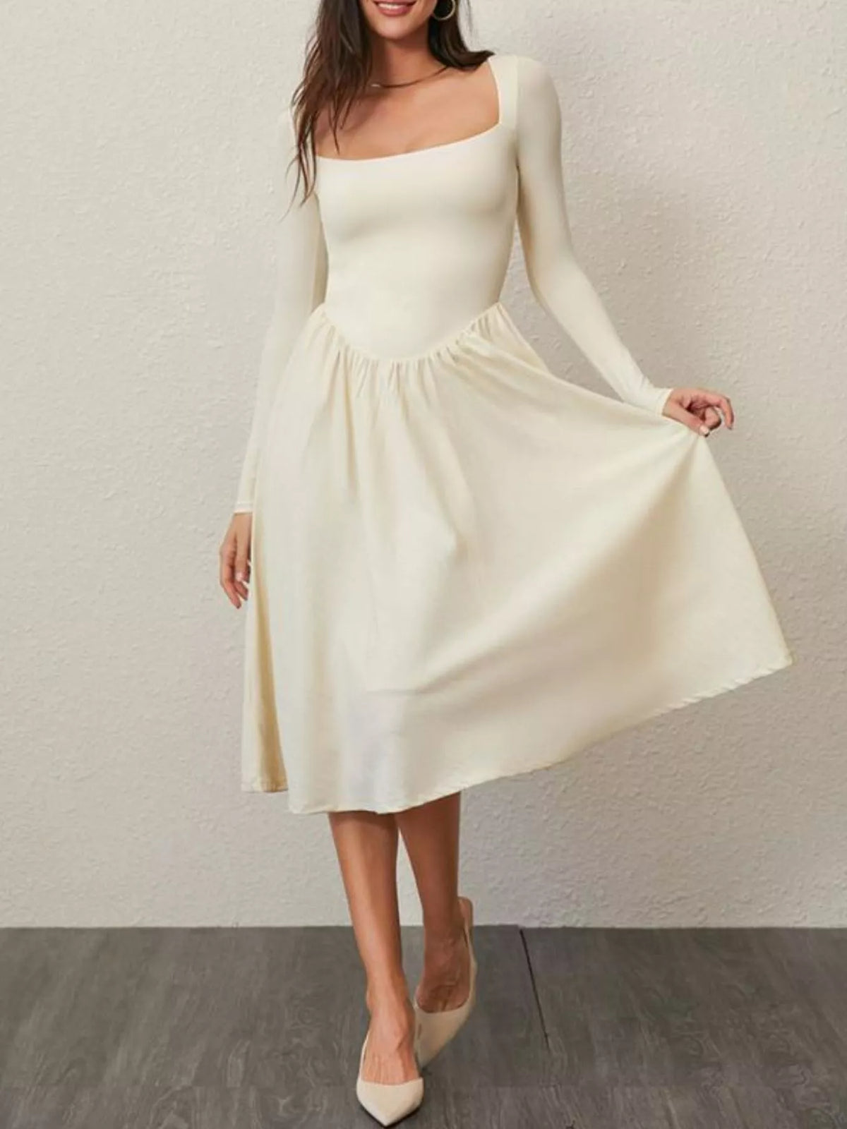 Square Neck Long Sleeve Midi Dress in Cotton Blend – photo 9