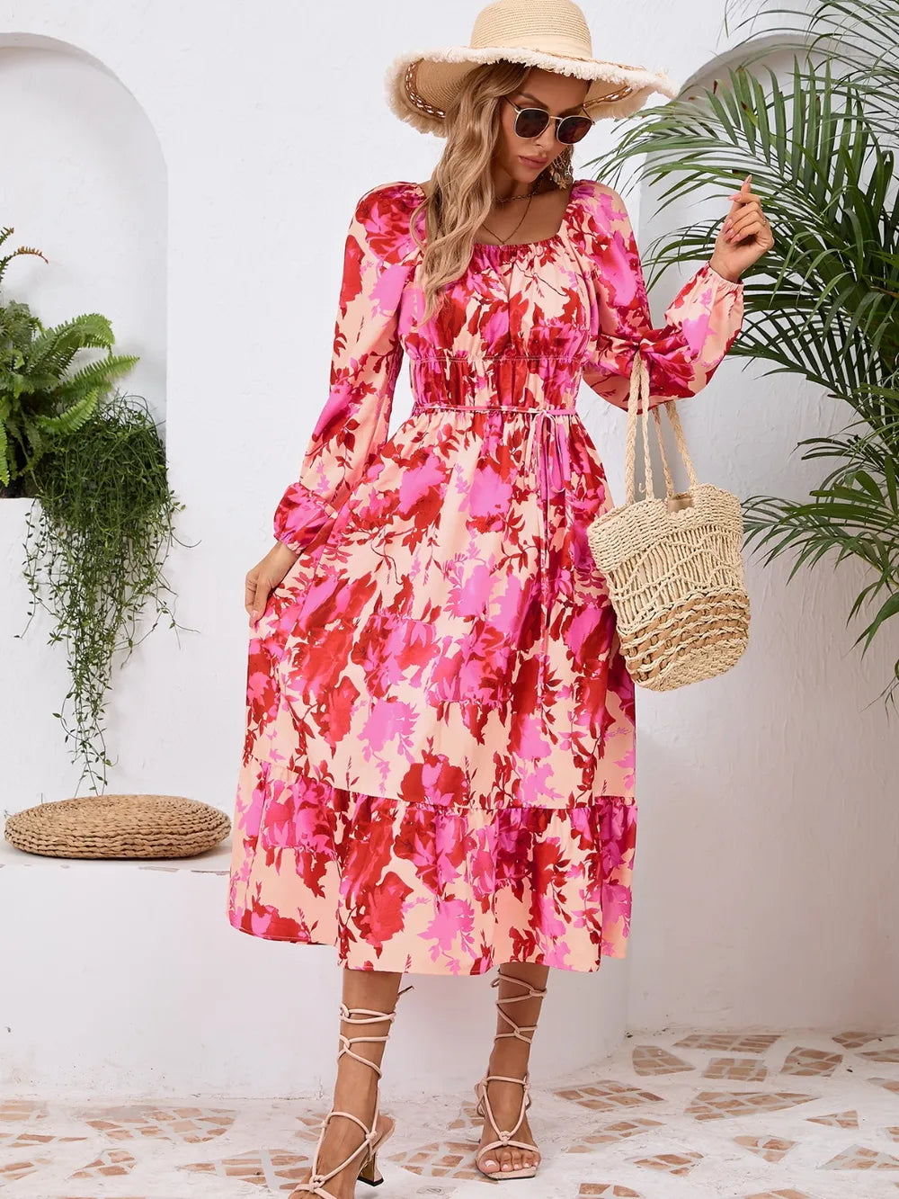 Printed Long Sleeve Midi Dress with Tie Detail – photo 16