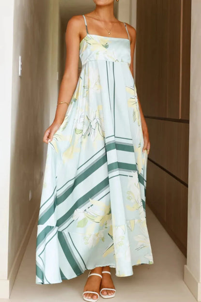 Printed Square Neck Cami Maxi Dress with Slit and Tie in Light Green Stripes