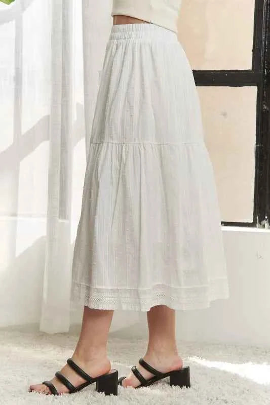 ADORA Elastic Waistband Tiered Midi Skirt