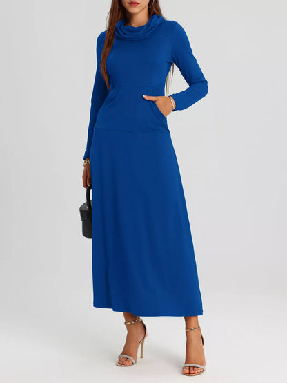 Cowl Neck Long Sleeve Midi Dress with Pockets in Peacock  Blue