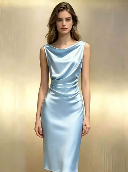 Satin Cowl Neck Ruched Sleeveless Dress in Light Blue