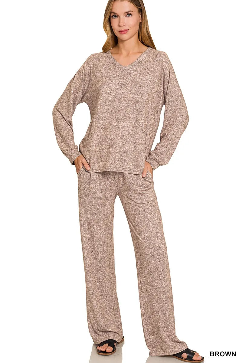 Soft Melange Long Sleeve Tee & Pants Set in Brown — Livostyle