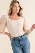 Textured Puff Sleeve Bodysuit with Lace Accents in Beige