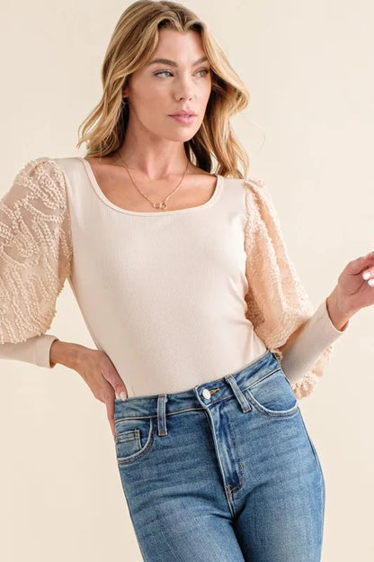 Textured Puff Sleeve Bodysuit with Lace Accents in Beige