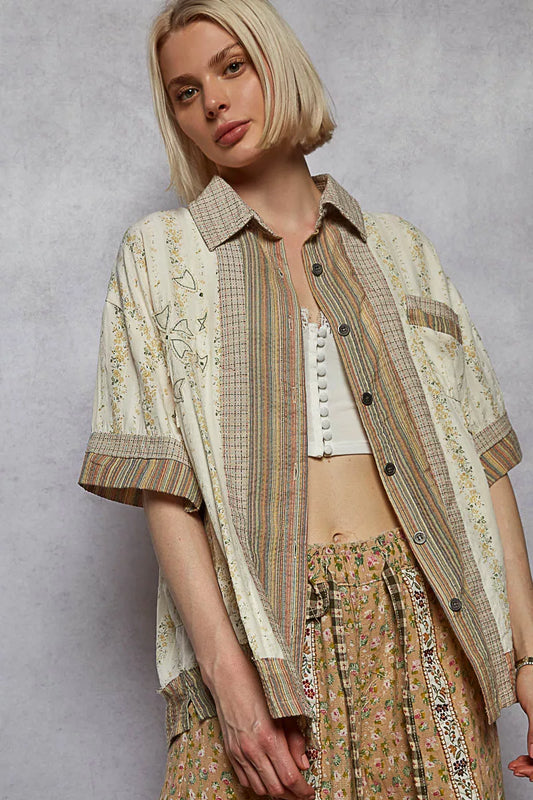 Printed Button Down Patchwork Short Sleeve Shirt detail — Livostyle
