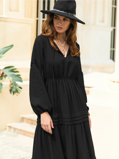 Tie Neck Long Sleeve Tiered Midi Dress – photo 3