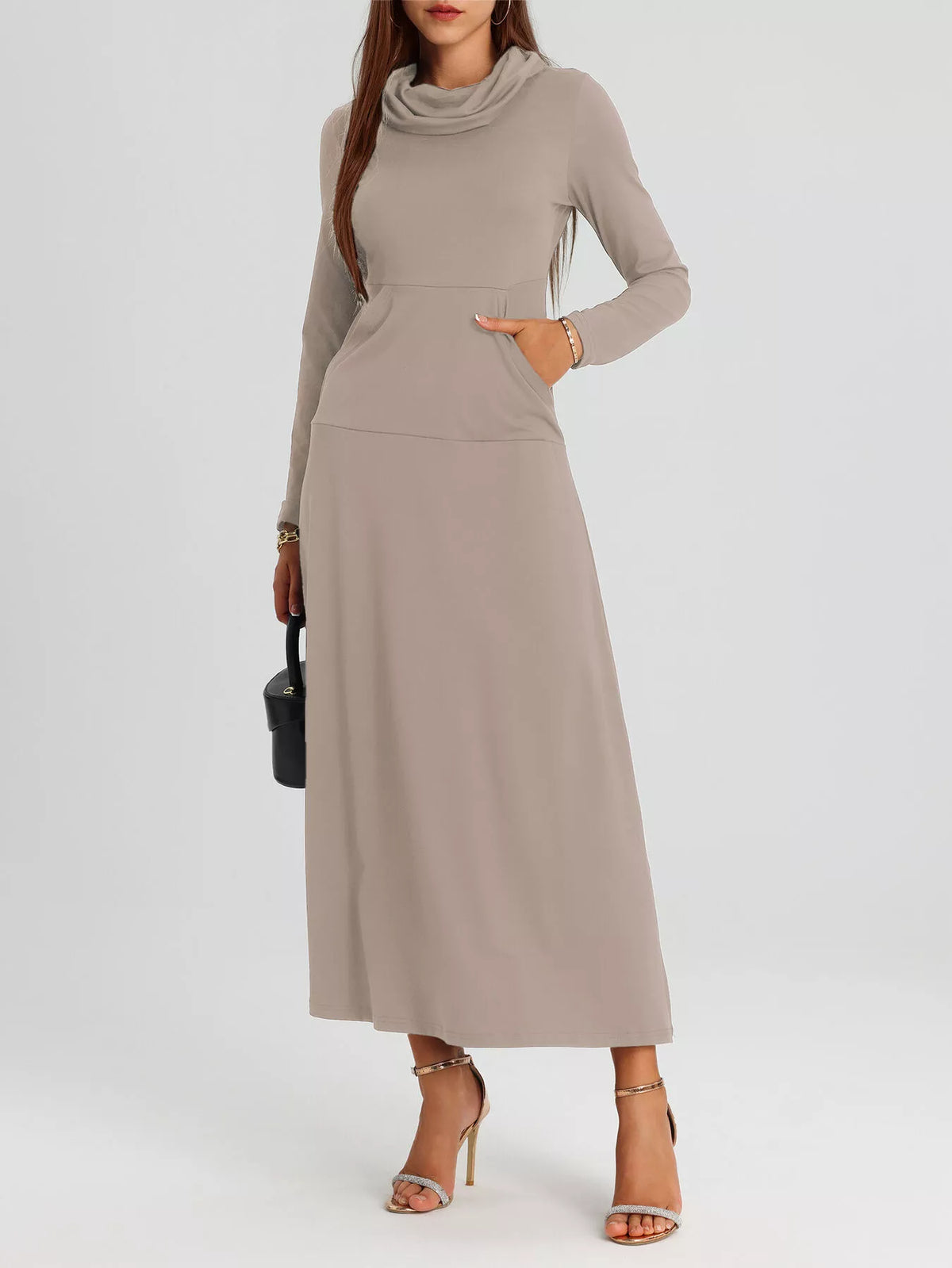 Cowl Neck Long Sleeve Midi Dress with Pockets – photo 12