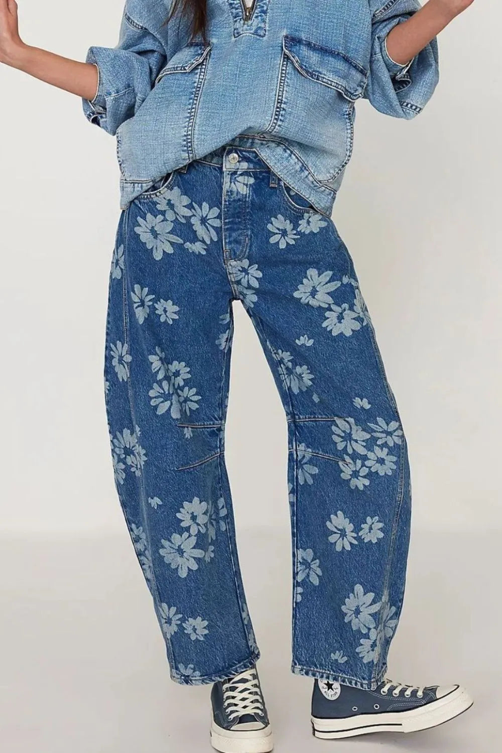Flower Print Wide Leg Jeans back view — Livostyle