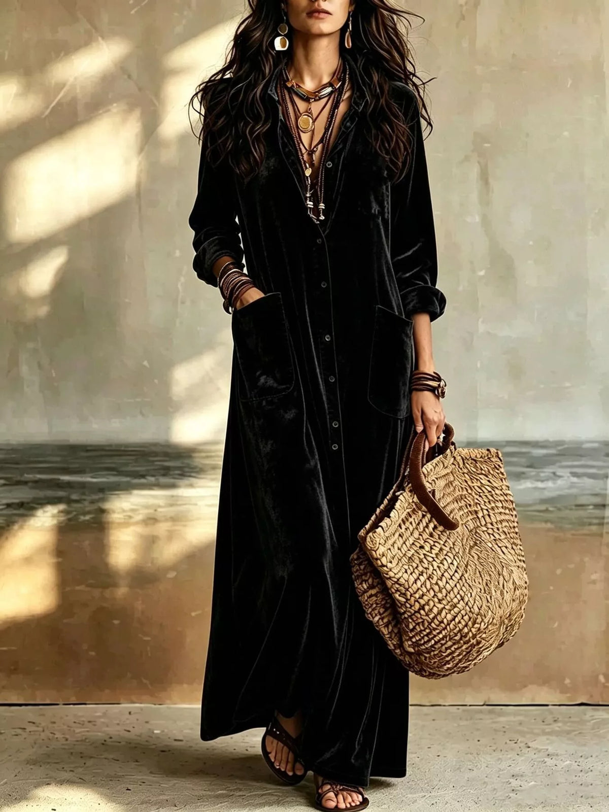 Velvet Button-Down Maxi Dress with Pockets in Black
