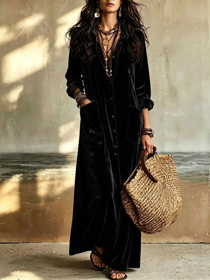 Velvet Button-Down Maxi Dress with Pockets in Black