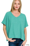 Ribbed V-Neck Short-Sleeve Knit Top in Lt Teal — Livostyle