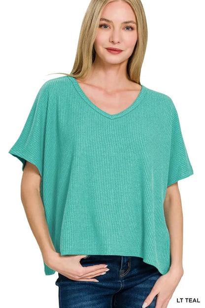 Ribbed V-Neck Short-Sleeve Knit Top in Lt Teal — Livostyle