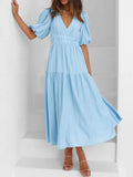 V-Neck Puff Sleeve Midi Dress — Livostyle
