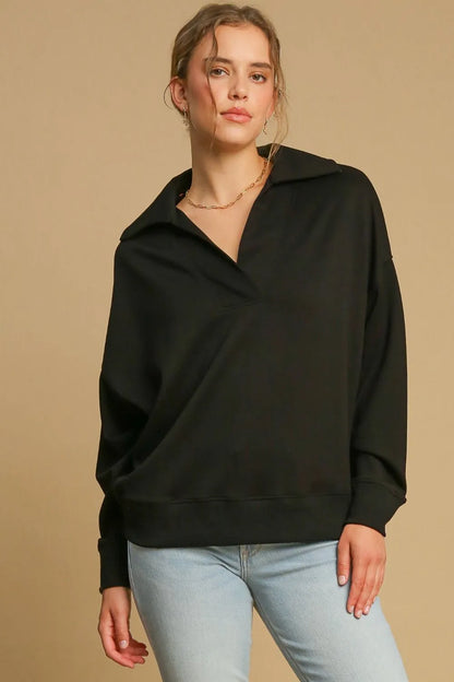 Johnny Collar Dropped Shoulder Sweatshirt in Black — Livostyle