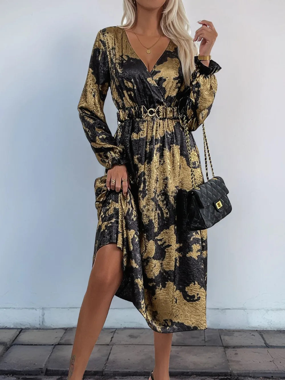 Printed Surplice Long Sleeve Midi Dress – photo 4