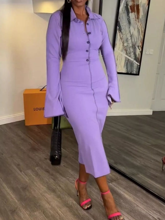 Exposed Seam Button-Front Long Sleeve Midi Dress in Lavender Purple