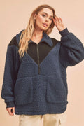 Half-Zip Two-Tone Fleece Sweatshirt with Pockets