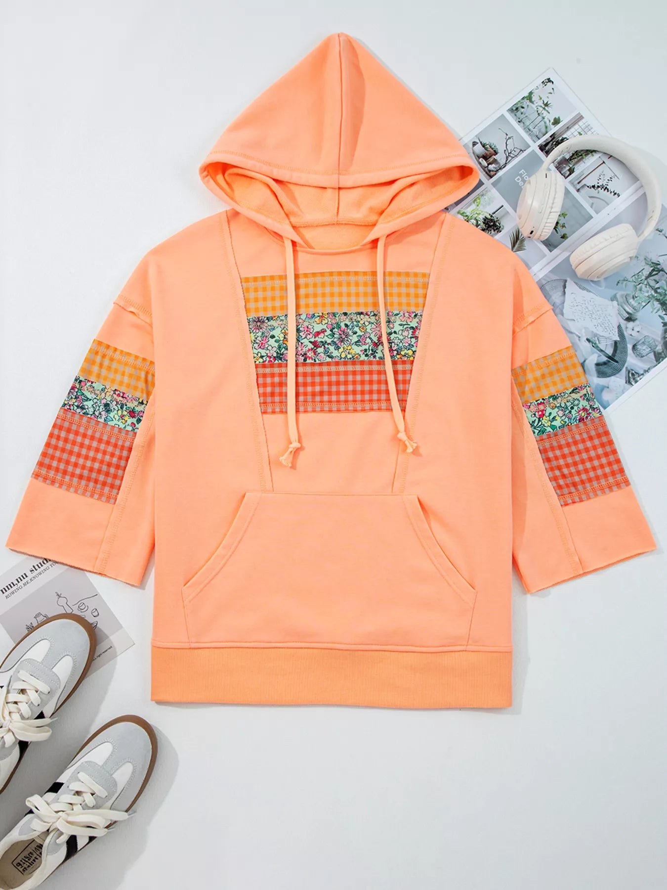 Plaid Floral Patchwork Kangaroo Pocket Hoodie back view — Livostyle