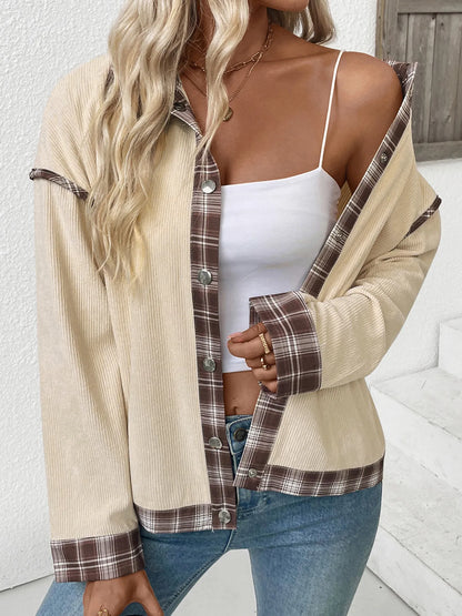 Plaid Hem Button Up Long Sleeve Shacket detail — Livostyle