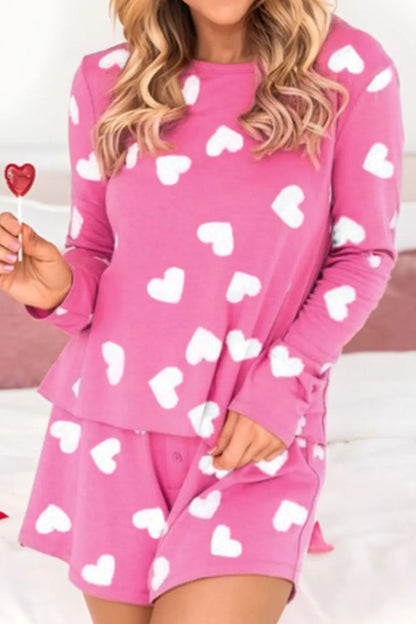 Heart Round Neck Long Sleeve Top and Elastic Waist Shorts Set — Livostyle