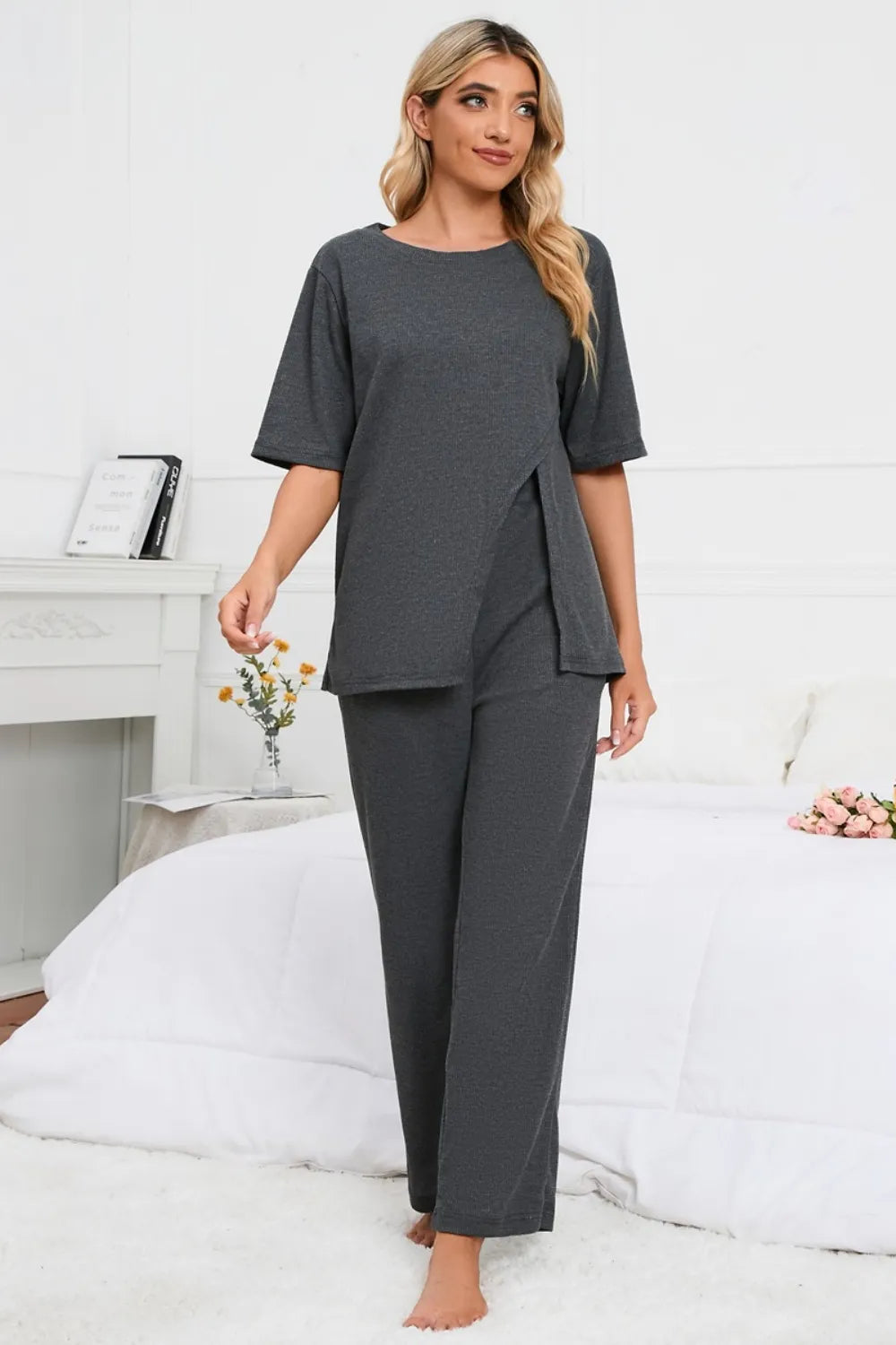 Slit Round Neck Top and Pants Lounge Set — Livostyle