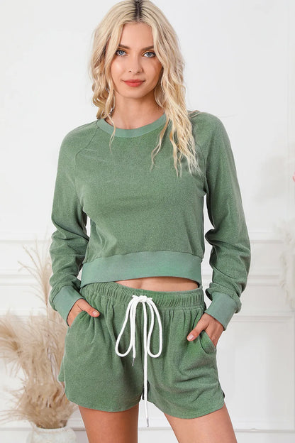 Round Neck Long Sleeve Top and Drawstring Shorts Lounge Set — Livostyle