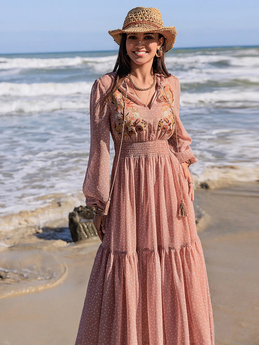 Embroidered Polka Dot Tie Neck Long Sleeve Midi Dress – photo 6