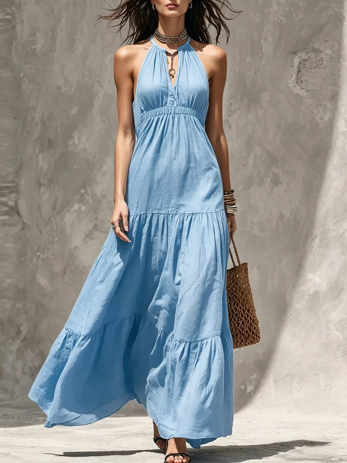 Sleeveless Tiered Smocked Maxi Dress in Sky Blue