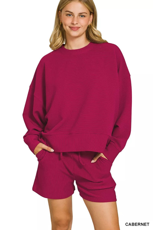 Ribbed Round Neck Pullover and Shorts Set in Cabernet — Livostyle