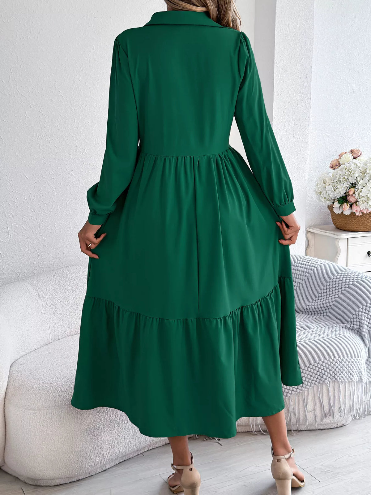 Long Sleeve Tiered Button-Front Midi Dress – photo 16