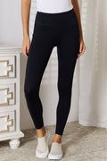 Wide Waistband Sports Leggings with Pockets in Black