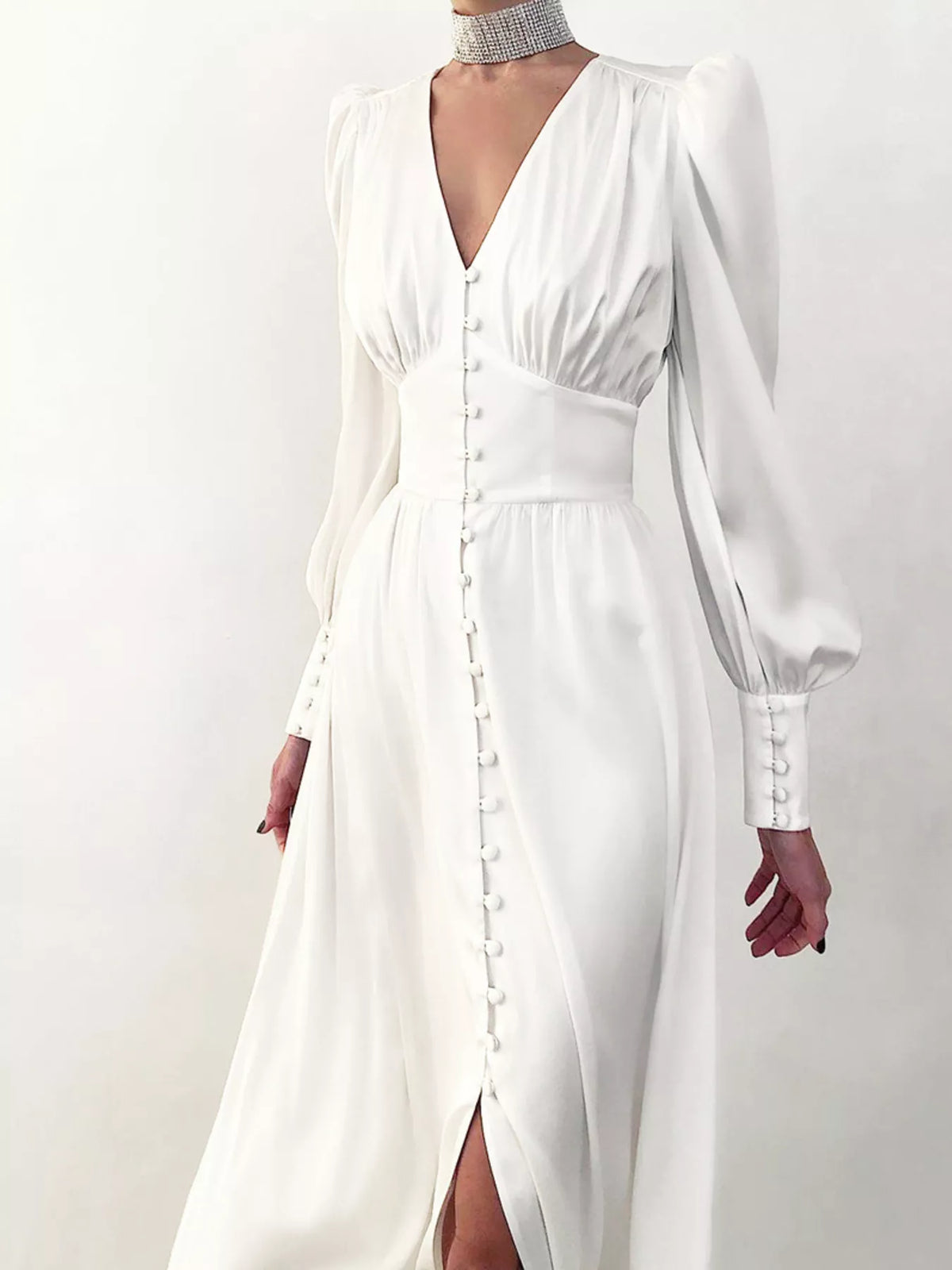 V-Neck Puff Sleeve Button-Down Midi Dress
