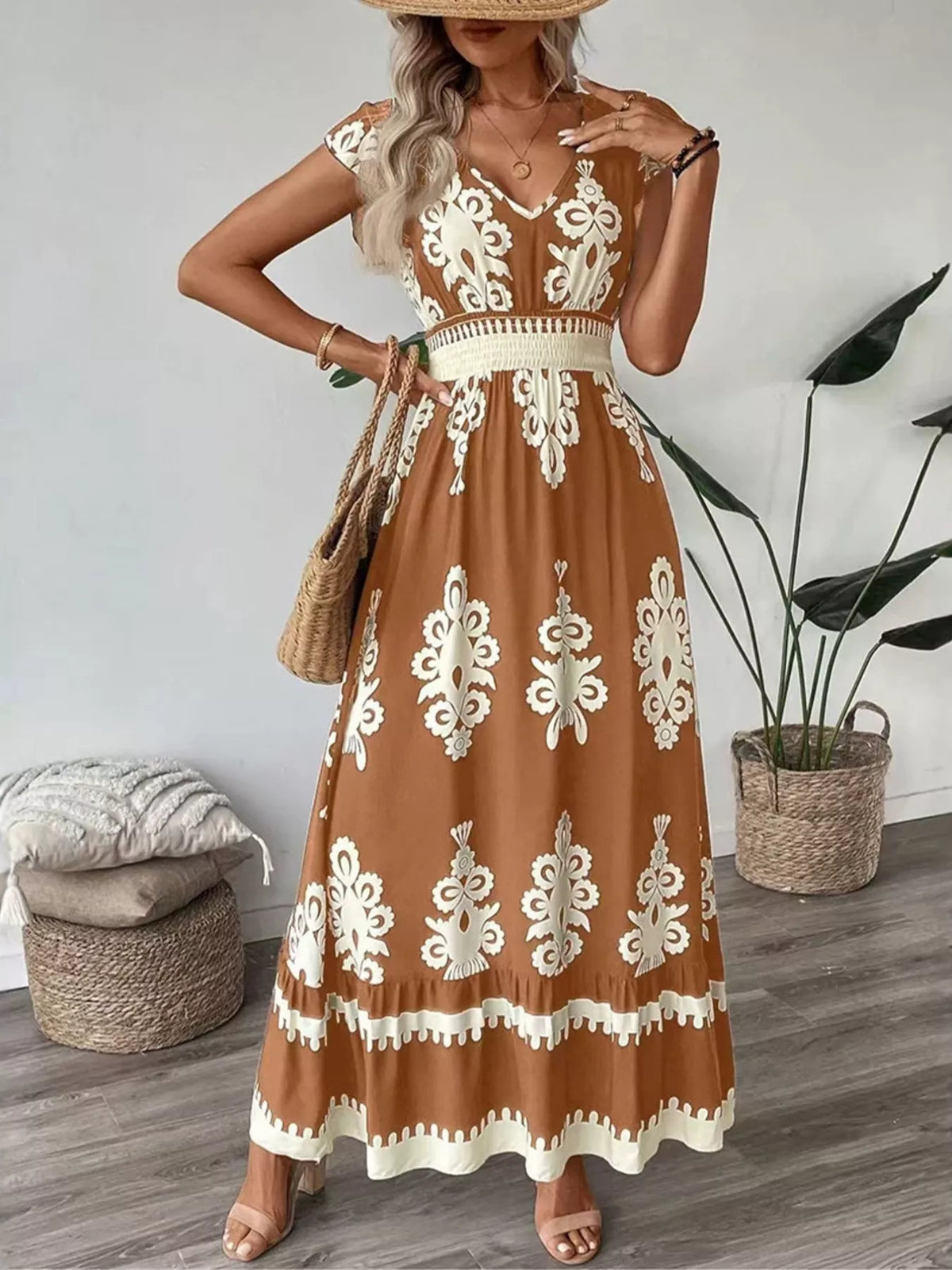 Ruffled Printed V-Neck Maxi Dress in Caramel