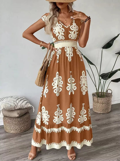 Ruffled Printed V-Neck Maxi Dress in Caramel