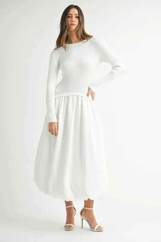 MABLE Ribbed Poplin Mix Midi Sweater Dress