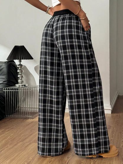 Plaid Wide-Leg Pants with Elastic Waistband closeup — Livostyle