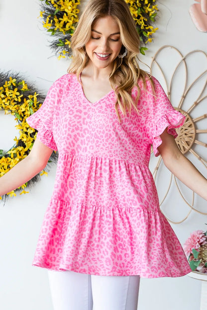 Leopard Print Top with Ruffle Trim in Pink