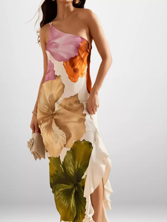 One-Shoulder Floral Print Satin Maxi Dress – Plus Size
