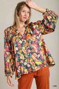 Full Size Satin Paisley Ruffle Neck Button-Up Shirt Plus Size — Livostyle