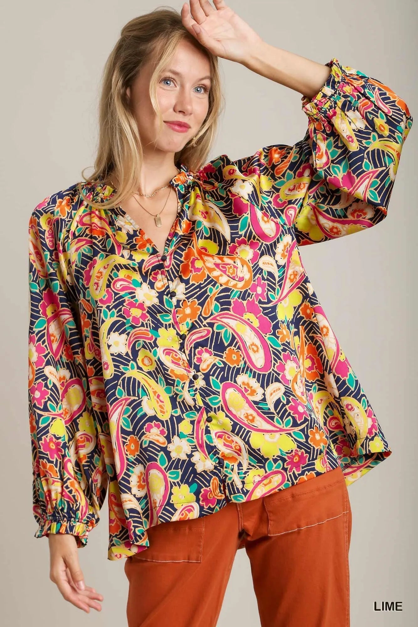 Full Size Satin Paisley Ruffle Neck Button-Up Shirt Plus Size — Livostyle