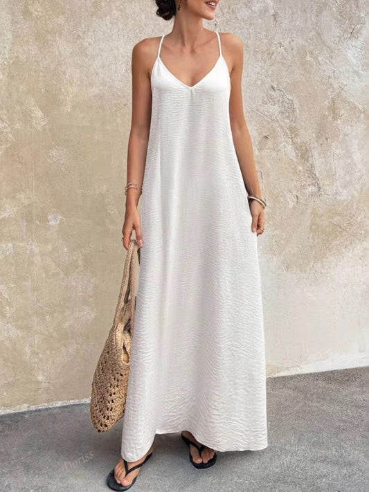 V-Neck Backless Maxi Cami Dress in White