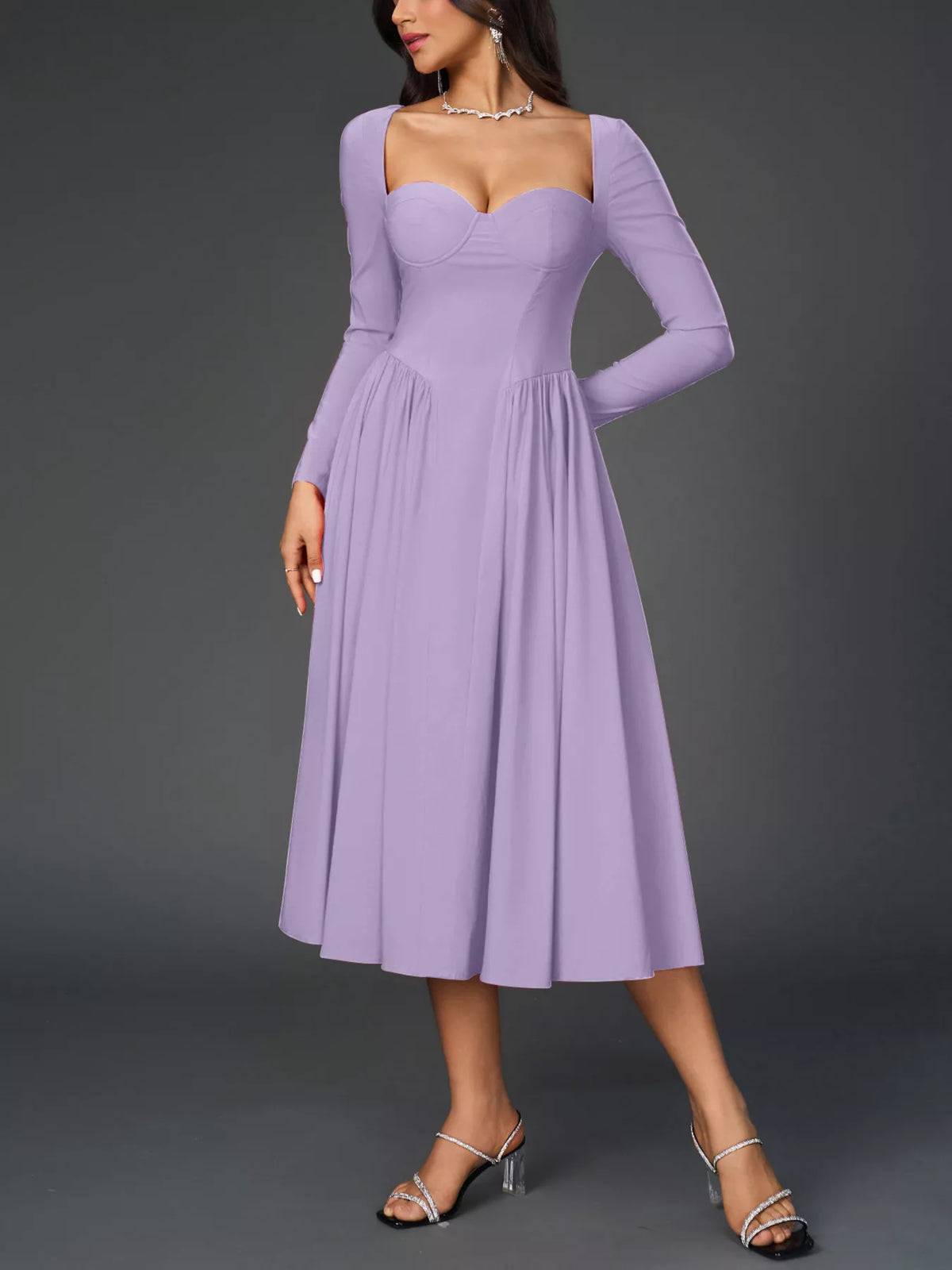 Sweetheart Neckline Long Sleeve A-Line Midi Dress – photo 17